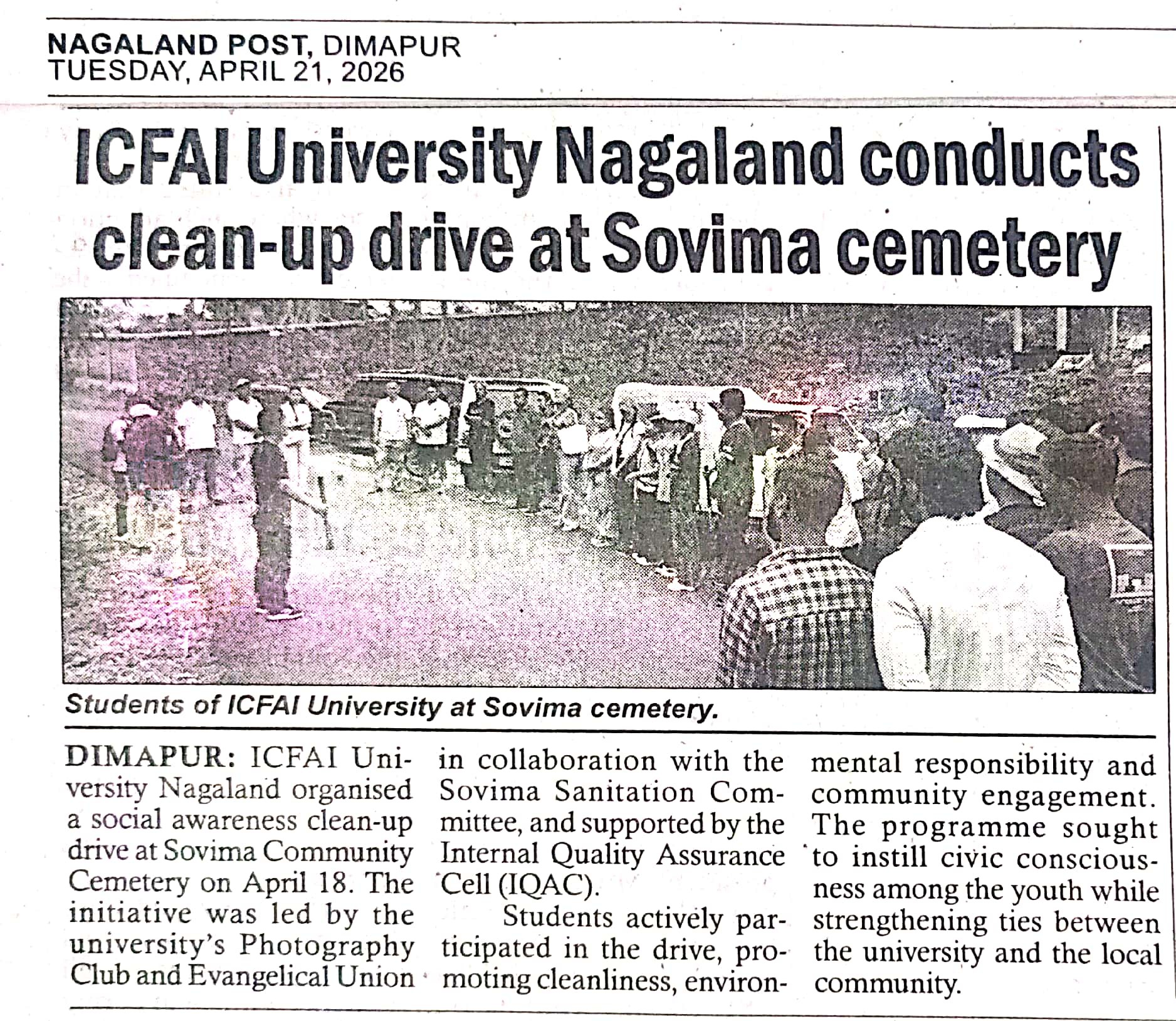 ICFAI University Nagaland conducts clean-up drive at Sovima cemetery