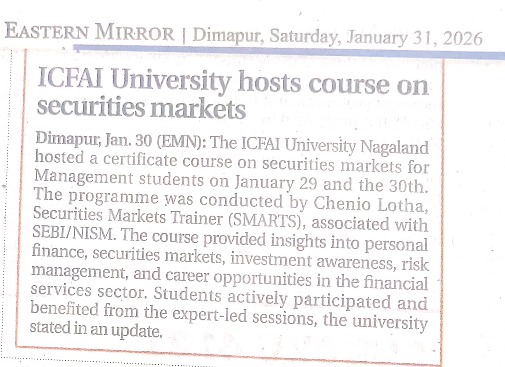 ICFAI University hosts course on securities markets